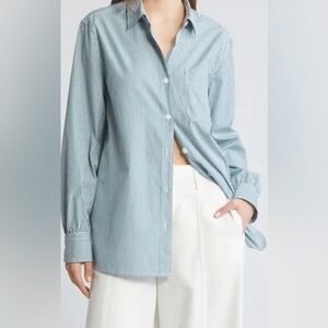 Large Lola River Button Down Oversized Blouse, white & green, NWOT